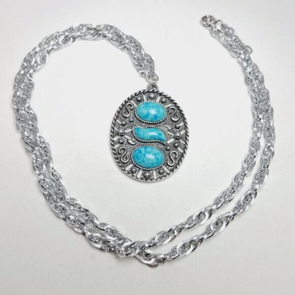 Vintage Silver Tone and Blue Pendant Necklace, Long Chain, Statement, Retro 70s - Picture 7 of 7